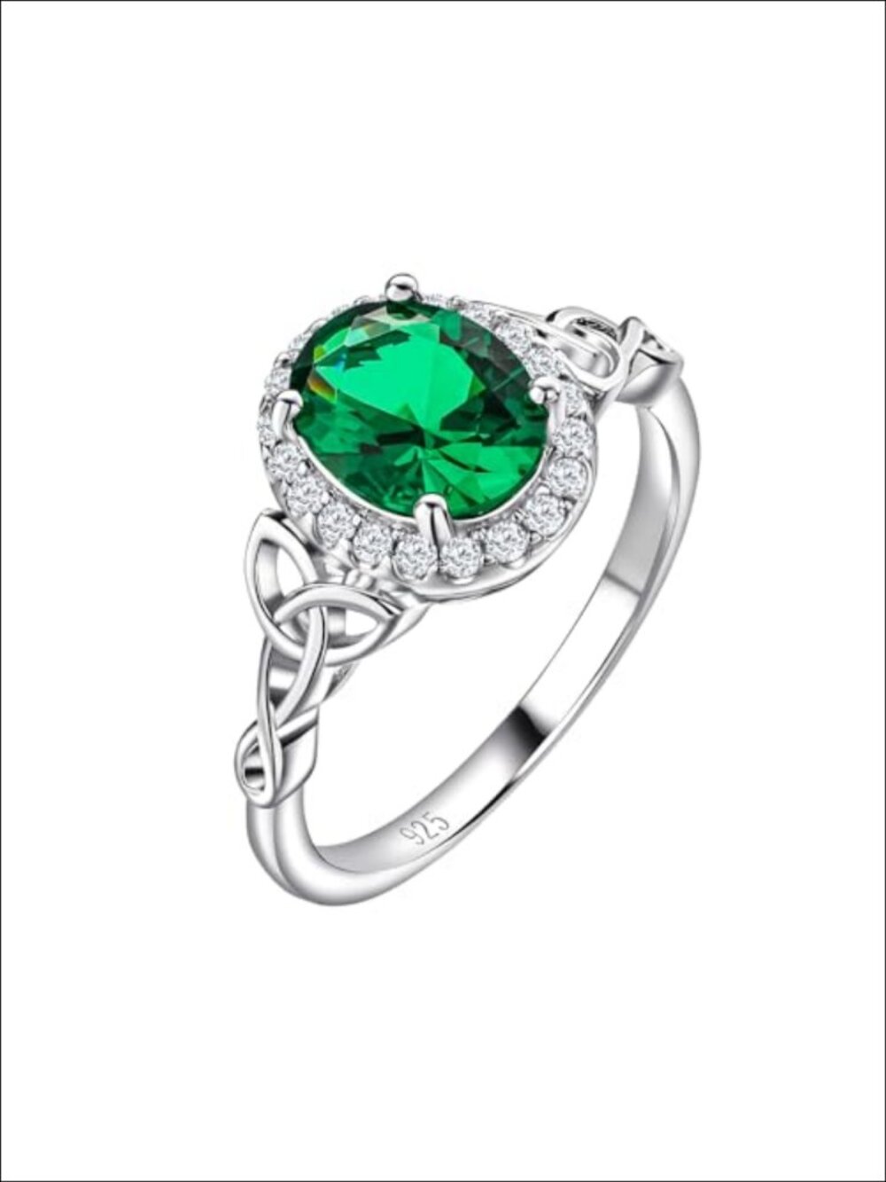 925 Sterling Silver Celtic Birthstone Ring Oval Created Emerald Halo Engagement